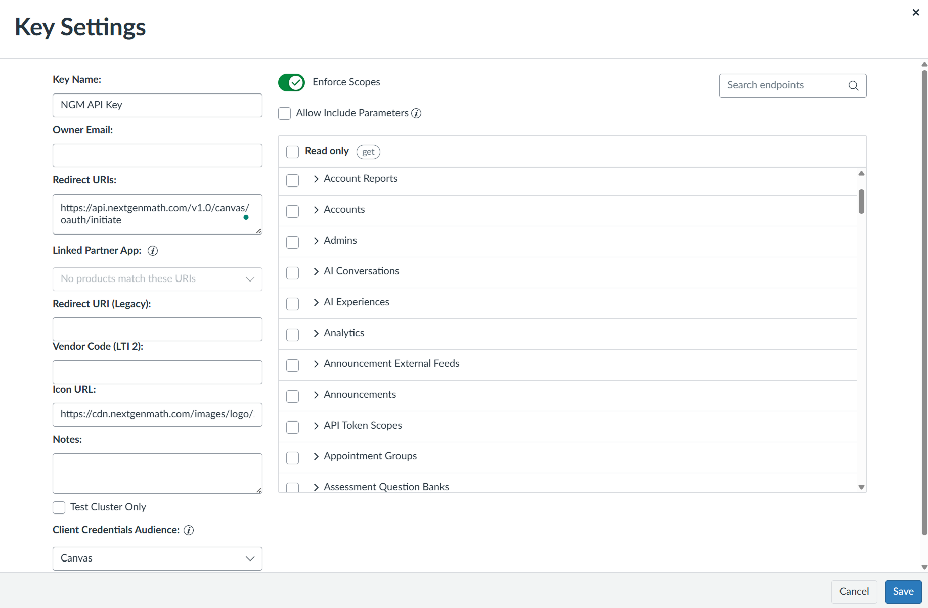 Canvas — API key configuration form